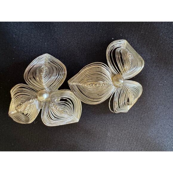 Vintage Spun Wire Jewelry Set Brooch Earrings Germany Pearl Flower Leaf MCM - Picture 5 of 7